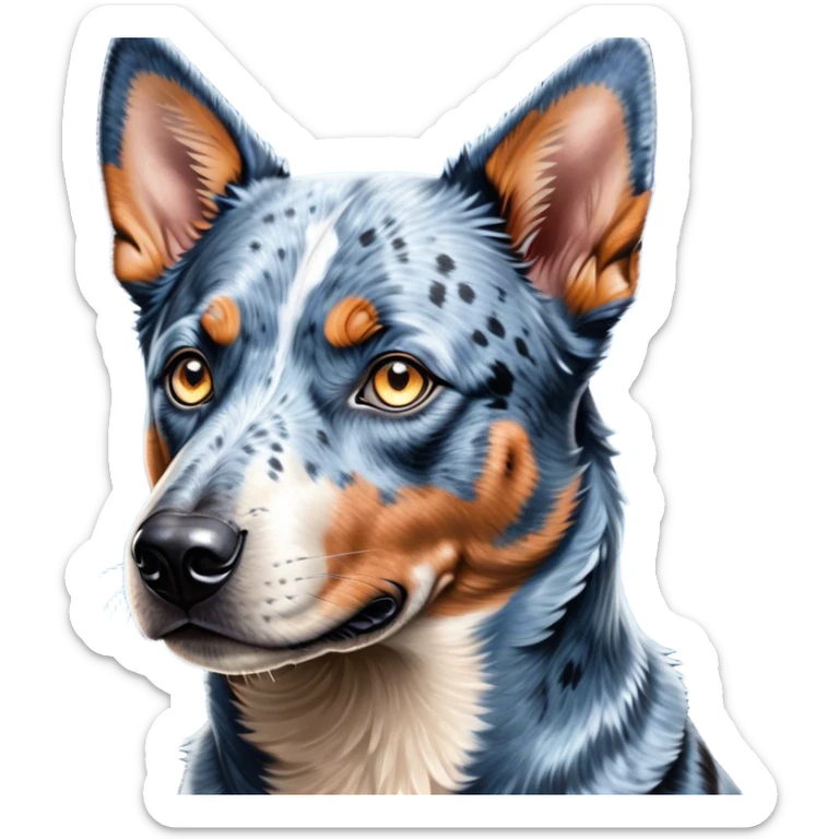 Cinematic Noble Blue Speckle Australian Cattle Dog Portrait Emoji, Poised and regal, with a robust, athletic build and a striking blue speckle Fur, piercing blue eyes, Simplified yet sharp and sophisticated features, highly detailed, glowing with a cool, dignified glow, high shine, intelligent and hardworking, stylized with an air of precision, focused and attentive, soft glowing outline, capturing the essence of a watchful and determined herder, so majestic it feels as though it could leap out of the screen with effortless authority! sticker