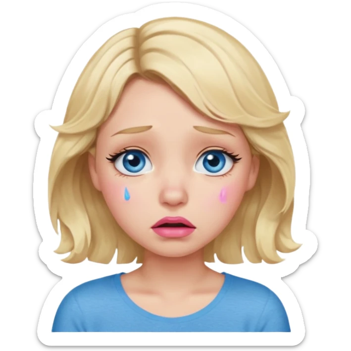 Girl Blonde short wavy hair,  blue eyes, cute blue top, long lashes, pink lips,crying with tears running down the face  sticker