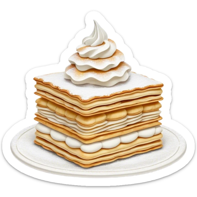 Cinematic Realistic Mille-Feuille Dessert Emoji, depicted as layered puff pastry with rich cream and a dusting of powdered sugar rendered with intricate textures and elegant, soft lighting. sticker
