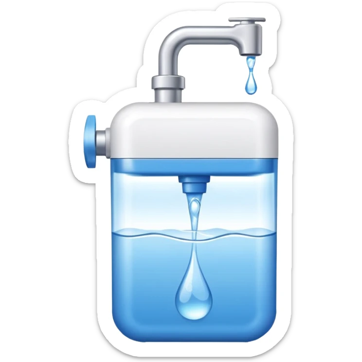 “Flat icon-style emoji of a water purifier with a simple faucet and water droplet, white and blue colors” sticker