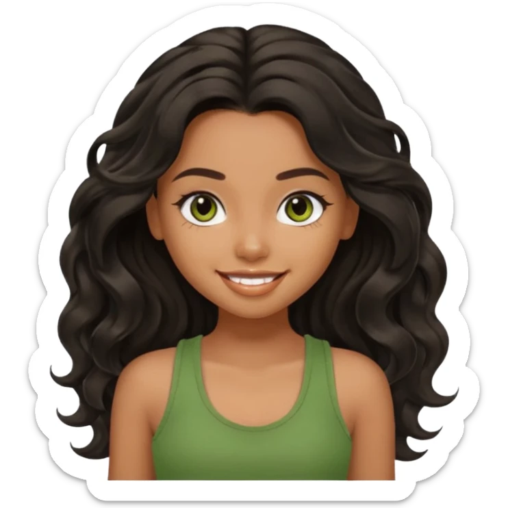 a pretty bratz brown girl with long wavy black color hair, brown eyes and green tank who is smiling sticker