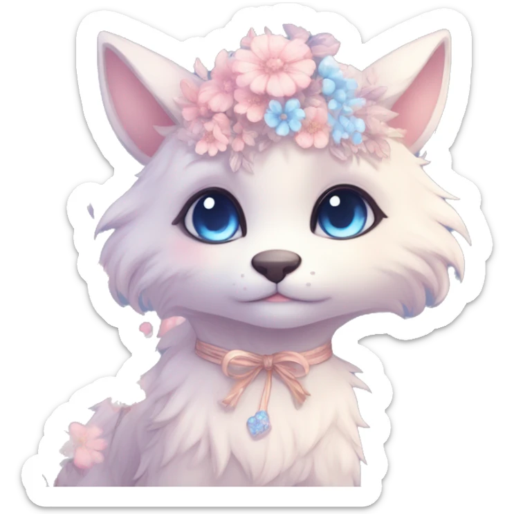 Anthro Cute Cool Blushing Pastel Innocent Shy Kawaii gorgeous sparkly ethereal fantasy animal creature with blue eyes furry sona with flowers and ribbons beautiful aesthetic sticker