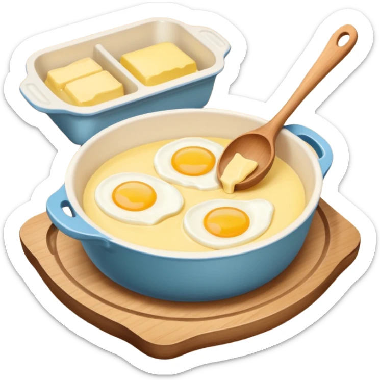 A cream ceramic baking bowl with a wooden spoon in it, a carton of eggs and butter sticker