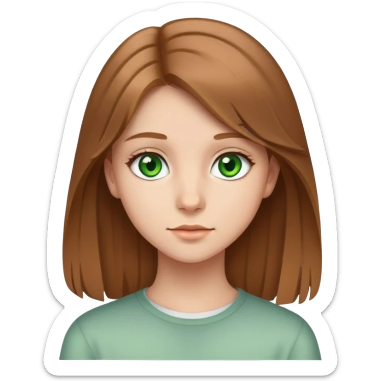 teenage girl with light brown hair, straight with slightly wavy ends, long to just below her shoulders, green eyes  sticker