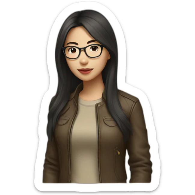 asian girl with glasses and a leather jacket with a  khaki shirt and long dark hair sticker
