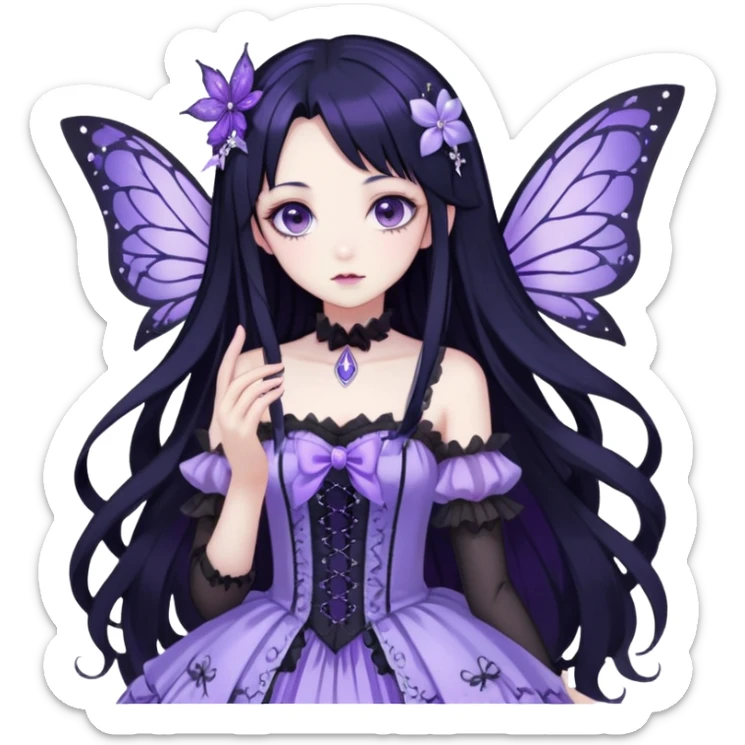 Gothic anime fairy with long beautiful black hair and violet dress, pastelcore, Lolita, aesthetic, beautiful, pretty, amazing, epic, gorgeous, sparkly sticker