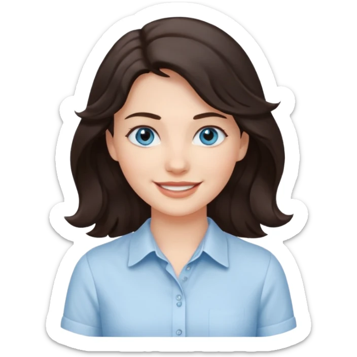 A White girl with wavy and dark hair, light blue eyes and a white shirt smiling sticker