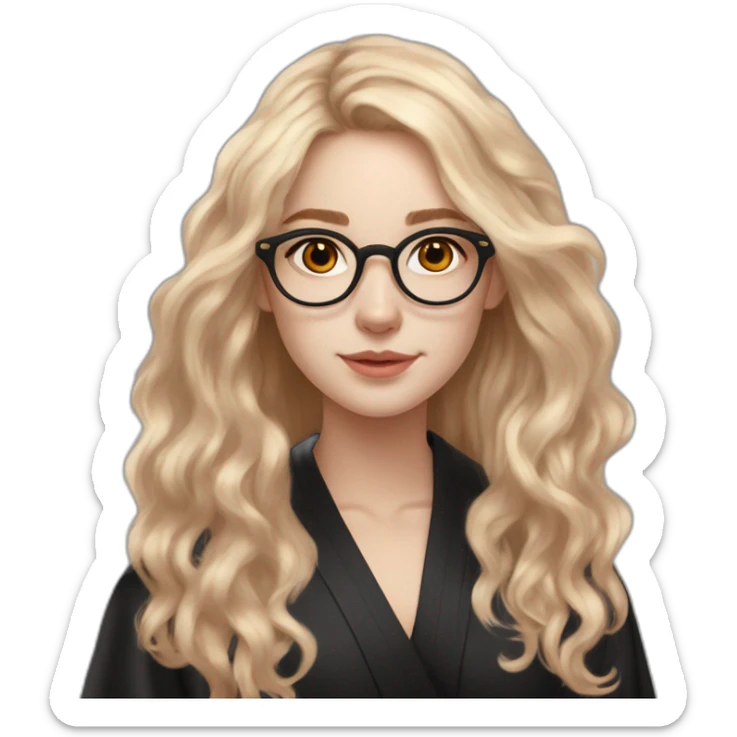 British white skin teenage girl very long wavy flax colored hair amber eyes rose gold round glasses white shirt black robe sticker