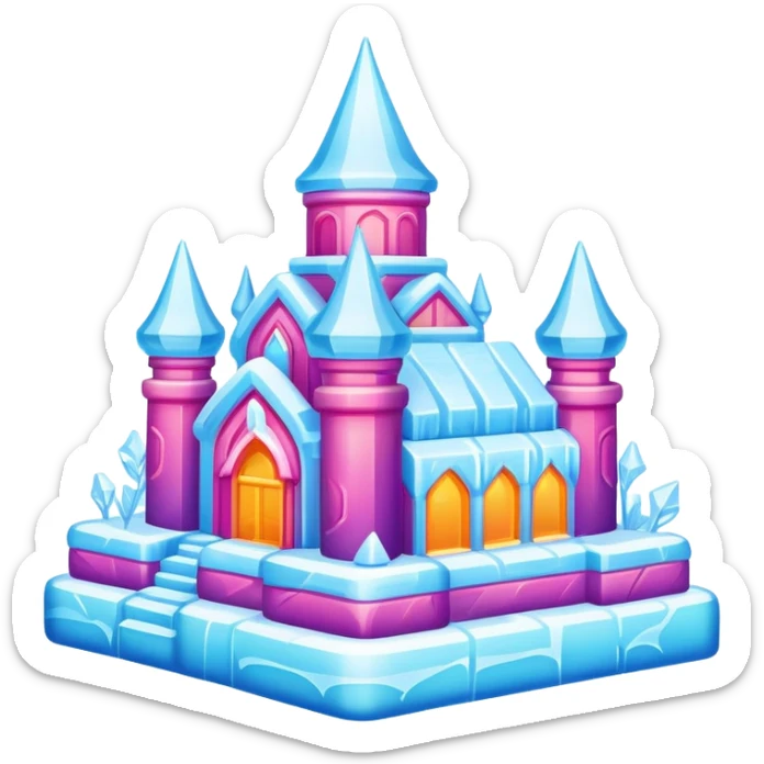 Harbin Ice and Snow Festival colorful ice sculpture, simplified emoji style with bold outlines and bright colors, cartoon style ice building sticker