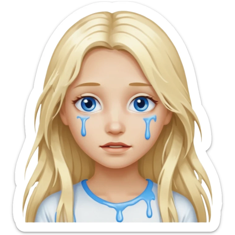 Blonde blue eyed long hair girl emoji with white paint all over its face dripping  sticker
