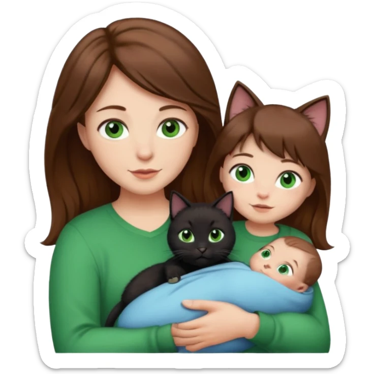 1 mom brown hair, 1 dad, 1 baby and 1 black cat sticker