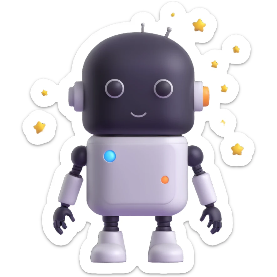 minimalist 3D cartoon-style icon of a dreaming robot with a pill-shaped head, eyes closed, soft features, small stars floating around, simple clean lines sticker