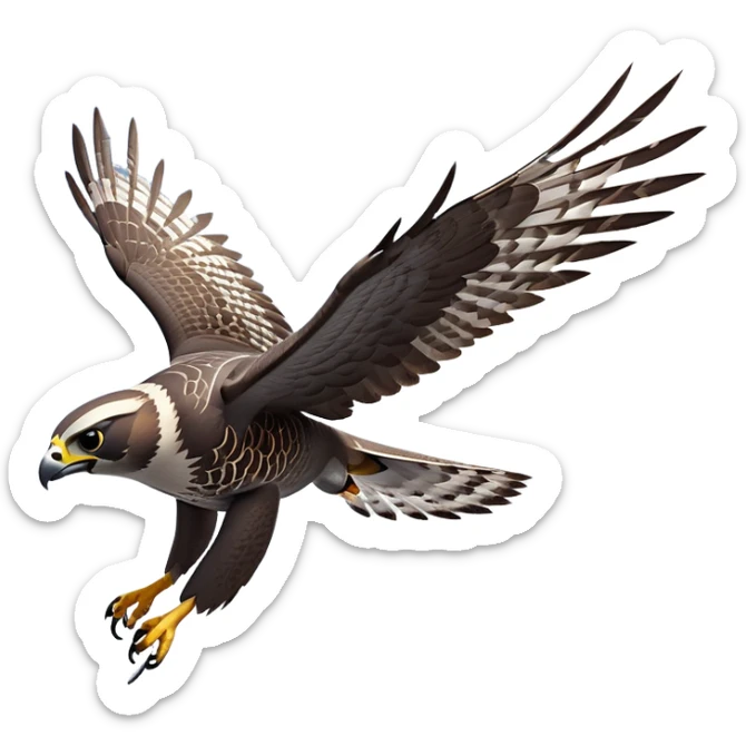 cinematic-falcon-realistic-full-body-diving-emoji,-sleek-aerodynamic-frame-plummeting-through-the-air-with-lightning-speed,-razor-sharp-talons-poised-for-the-strike,-feathered-wings-angled-for-maximum-precision,-keen-dark-eyes-locked-onto-its-prey,-patterned-grey-and-white-feathers-glinting-in-the-sun,-simplified-yet-realistic-focused-features,-highly-detailed,-glowing-with-a-sharp-intense-aura sticker