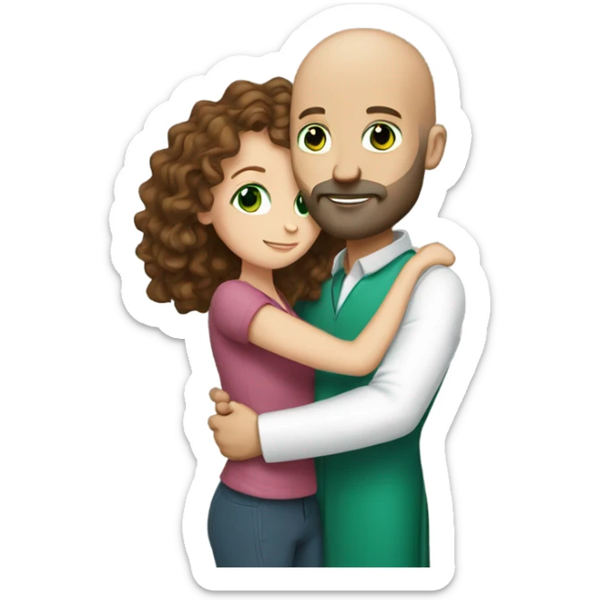 bald bearded dr has green eyes hug long curly brown hair white girl sticker