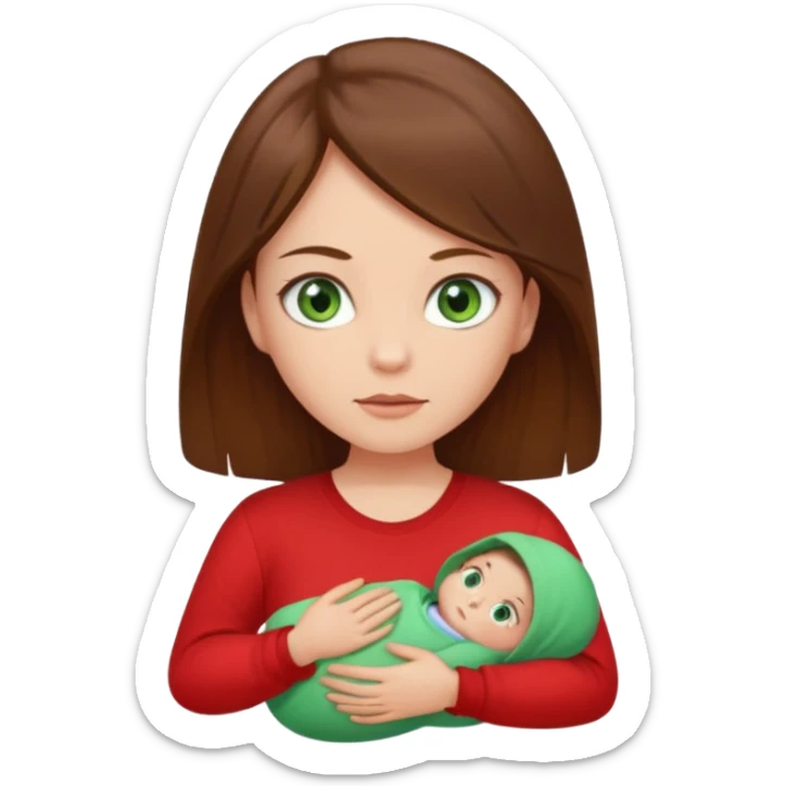 a girl with brown strait hair and has baby green eyes has a red t-shirt sticker