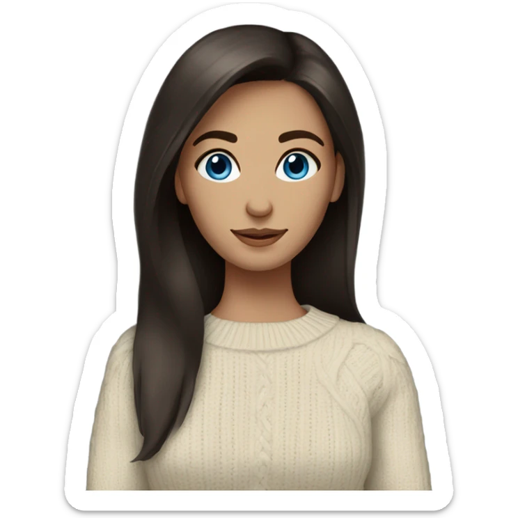 beautiful woman, straight dark brown hair, blue eyes, sweater sticker