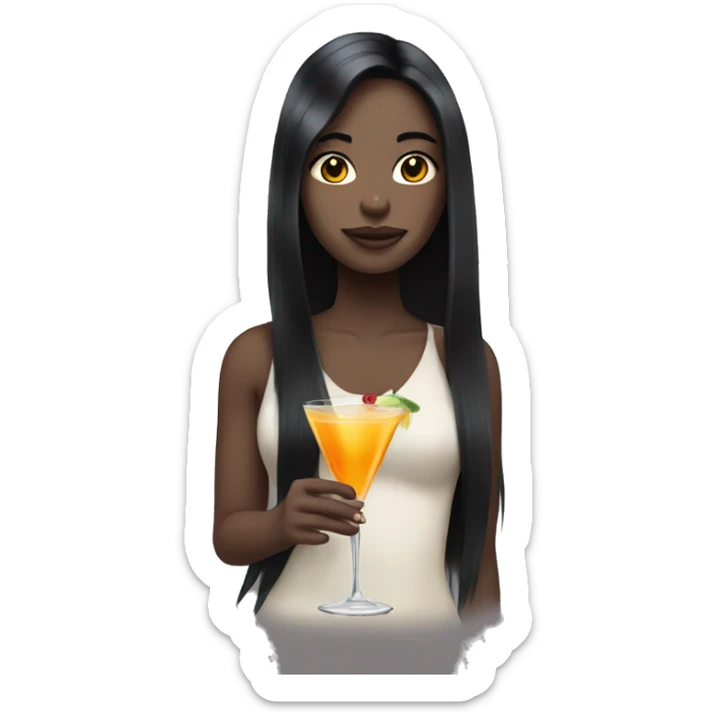Pale girl with long black hair with chest holding cocktail sticker