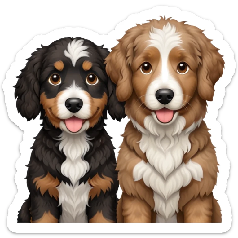 2 dogs, one is a light brown Aussie doodle. the other is a All black Berenedoodle with white eyebrows . Make both same size sticker