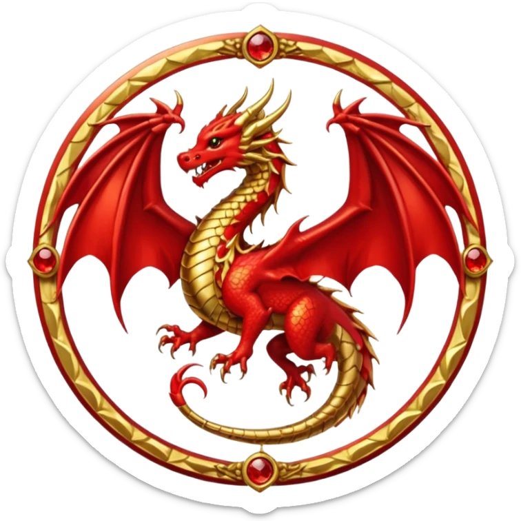 Golden dragon with wings crest / brosch in a circle with red gems and no background sticker