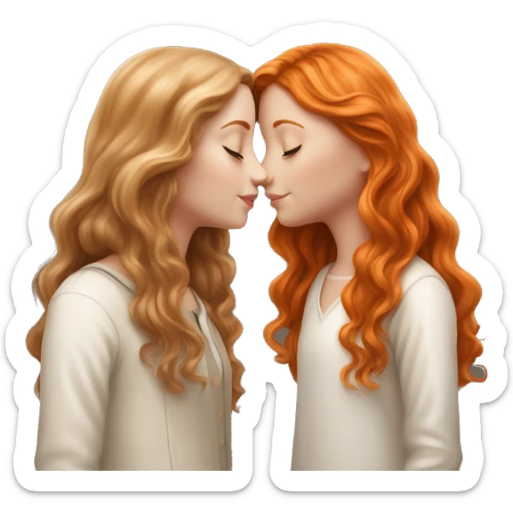 serene two white girls. one has wavy brunette hair and the other has natural soft orange hair delicate fringe. standing together kissing in gentle light. calm and content. hyper-realistic soft textures fine details glow on skin sticker