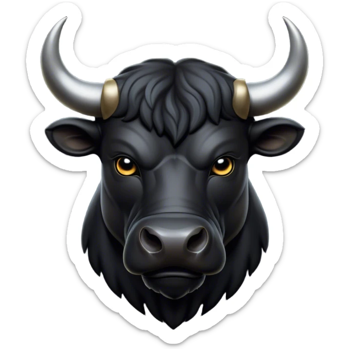 Cinematic Noble Black Bull Portrait Emoji, Poised and regal, with a massive, muscular build and a sleek, well-groomed pure black hide, deep-set soulful dark eyes, Simplified yet sharp and sophisticated features, highly detailed, glowing with a soft, dignified glow, high shine, intelligent and formidable, stylized with an air of strength, focused and attentive, soft glowing outline, capturing the essence of a watchful and confident guardian, so majestic it feels as though it could charge out of the screen with effortless authority! sticker