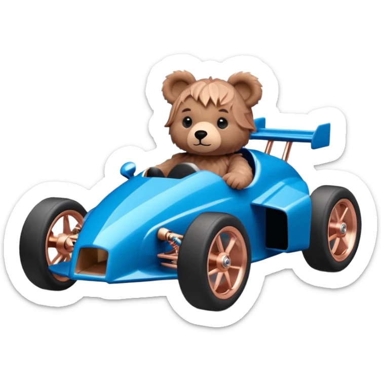 dark crystal blue and rosegold-accented faceted-body rc racing car driven by a small cute but fearless teddy baby bear with rear spoiler, roll bar, and wheely bar sticker