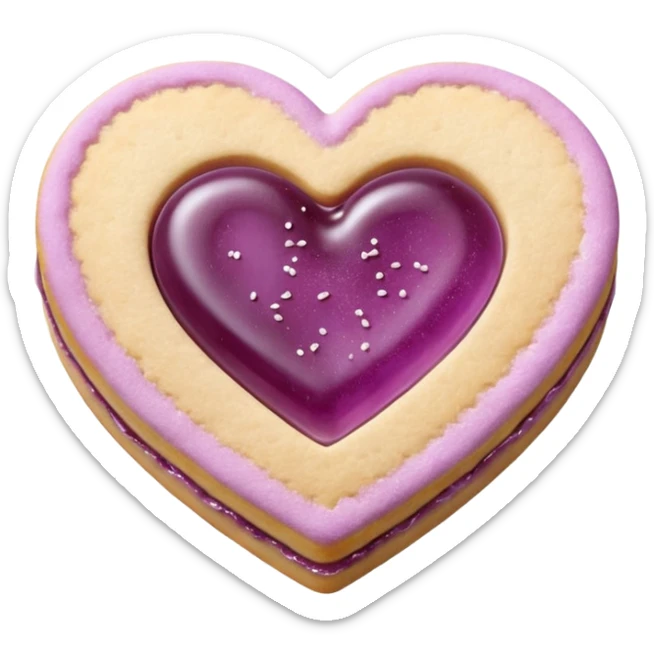 Realistic shortbread cookie in the shape of a heart with mauve jelly middle filling and sprinkled powder sugar on top. sticker