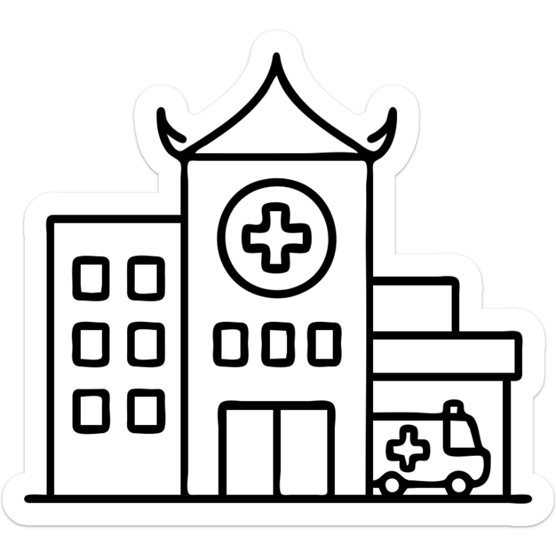 Modern hospital in Bangkok with ambulance entrance and Thai architectural elements sticker