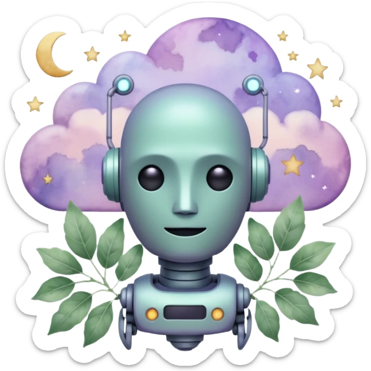watercolor-style emoji of a robot head silhouette with “AI” inside a lilac cloud, connected to a soft circuit shape. gentle pastel palette (sage green, blush, lilac), surrounded by leaves, moon, and stars — poetic and calm aesthetic. sticker