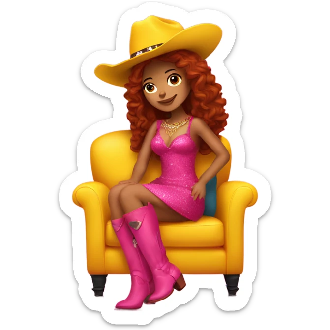 Latina with long red wavy hair sitting on a yellow couch with a hot pink dress and glitter cowboy boots and cowboy hat sticker