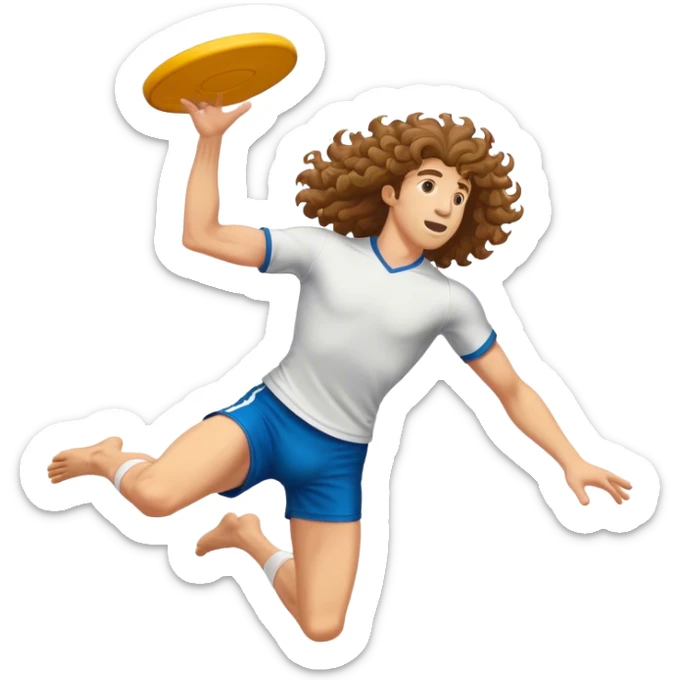 an ultimate frisbee player (with long, curly hair) leaping to catch the disc high in the air sticker
