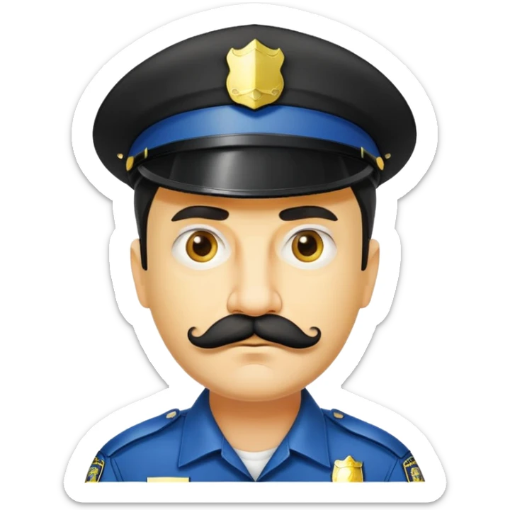 đàn ông 50 tuổi, da vàng, có ria mép màu đen, tóc ngắn, đội mũ cảnh sát màu đen, mặt nghiêm túc sticker