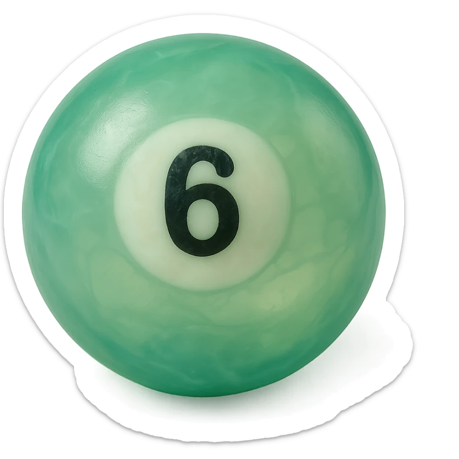 pool billiards 6-ball, retro 90's toy style, very transparent, slightly see-through, green with white circle and number 6, soft plastic texture, soft reflections, soft and squishy, some cloudiness, not shiny, highly detailed, appealing, no tag, no background sticker