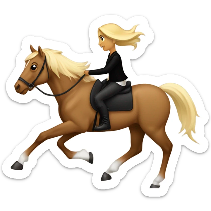  A Palomino horse running with a black sequin rug on his back and a brown rider girl on his back without a helmet dressed in black pants and a vest  sticker