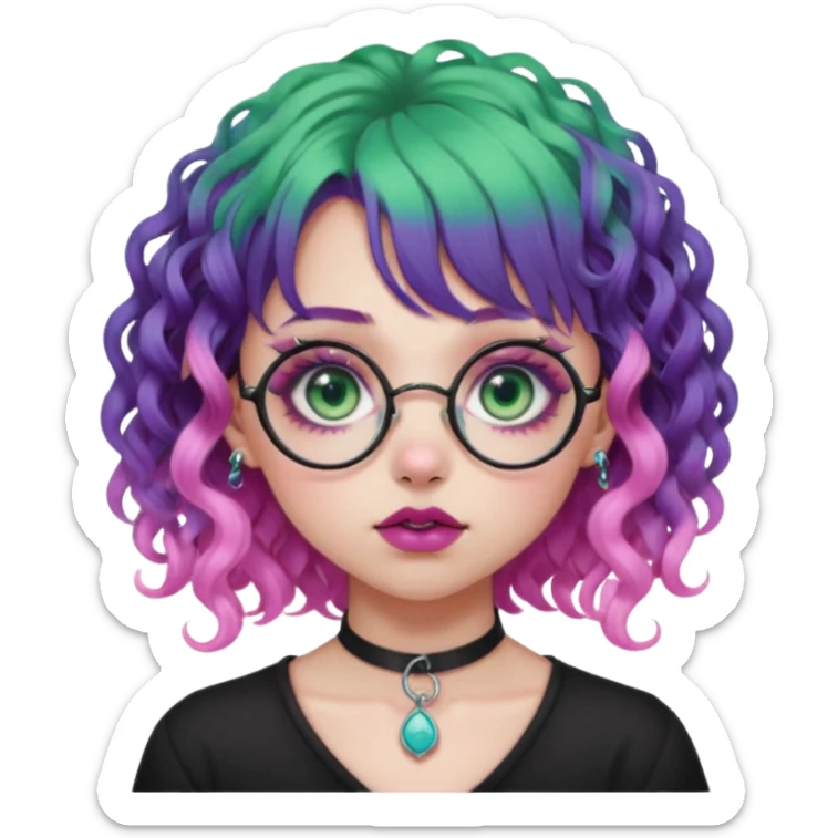 . Gothic girl with pink to violet ombré hair with pink on top, ringlet curly hair, bangs round glasses, septum piercing, nostril piercing, almond eyes, blueish green eyes,heavy eyeliner,  sticker
