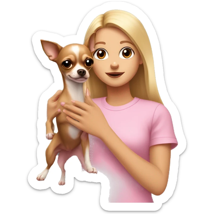 A girl with straight long blonde hair with pale pink lips and brown eyes in a pink T-shirt holds a dark brown chihuahua in her hands up to the waist sticker
