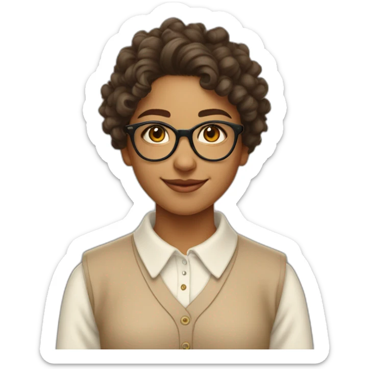 smiling indian teenage girl with curly hair and glasses wearing a collared long sleeve white shirt under a beige v shaped collar sweatervest with no buttons sticker