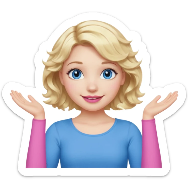 Girl Blonde short wavy hair,  blue eyes, cute blue top, long lashes, pink lips, smiling, making an x with arms  sticker