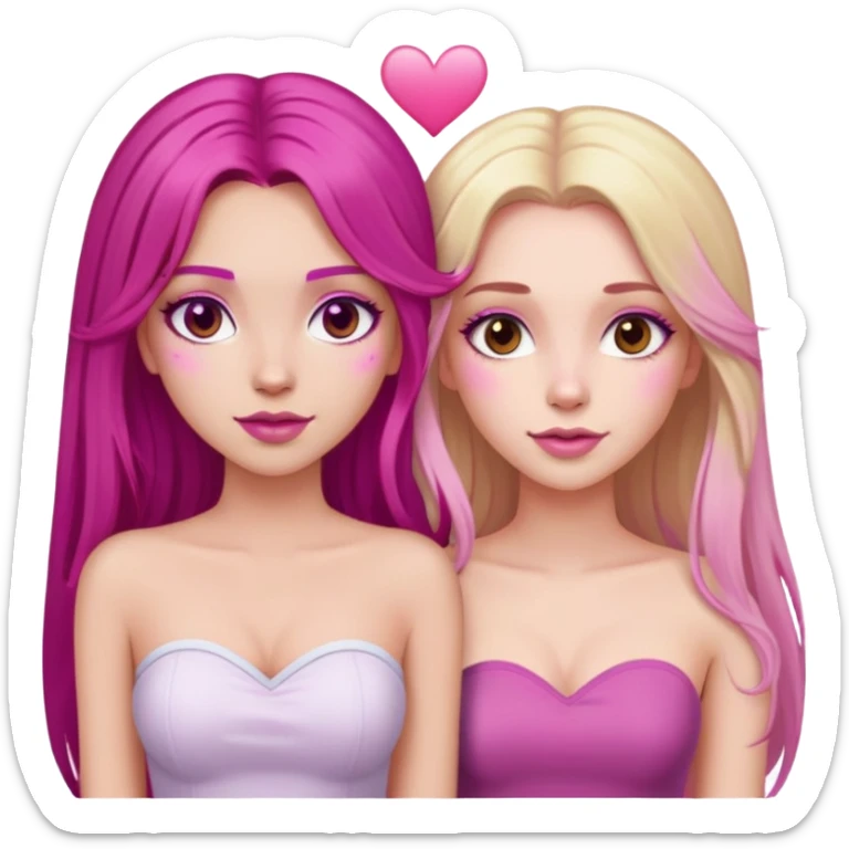 gorgeous pale girl with long magenta hair latina makeup next to a gorgeous girl with blonde hair brown eyes and a light pink heart above them both wearing tube tops sticker