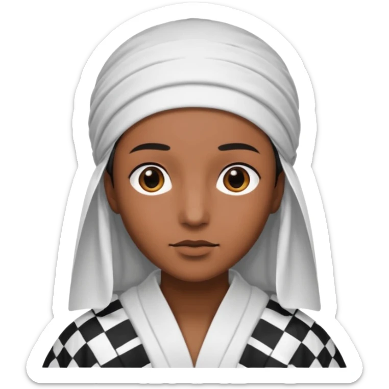 Una persona morena que solo se le vea la cara con una bata de arabe en la cara color blanco con cuadros negros en la cabeza  sticker