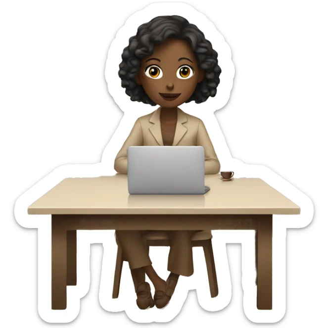 A girl at a table with a laptop with a cup of coffee in beige tones sticker