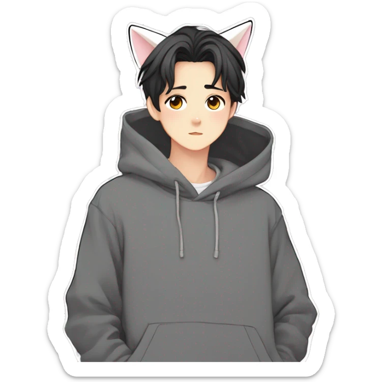 Gorgeous anime style Asian shojo guy with cat ears and blushing face and hoodie aesthetic trending style outside sticker