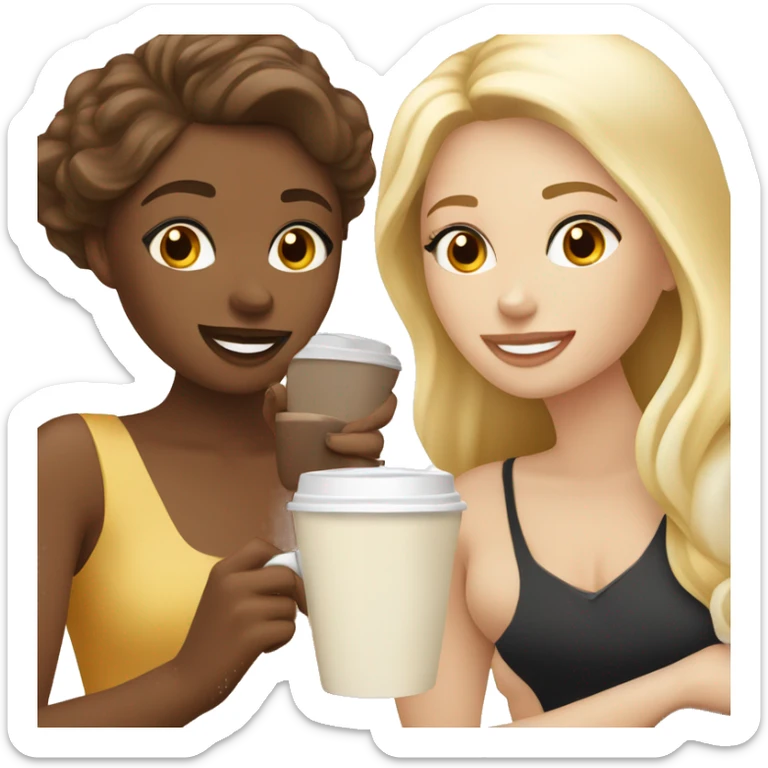 Four beautiful white european girls, one with blond hair and three with dark blond hair in dresses have coffee sticker