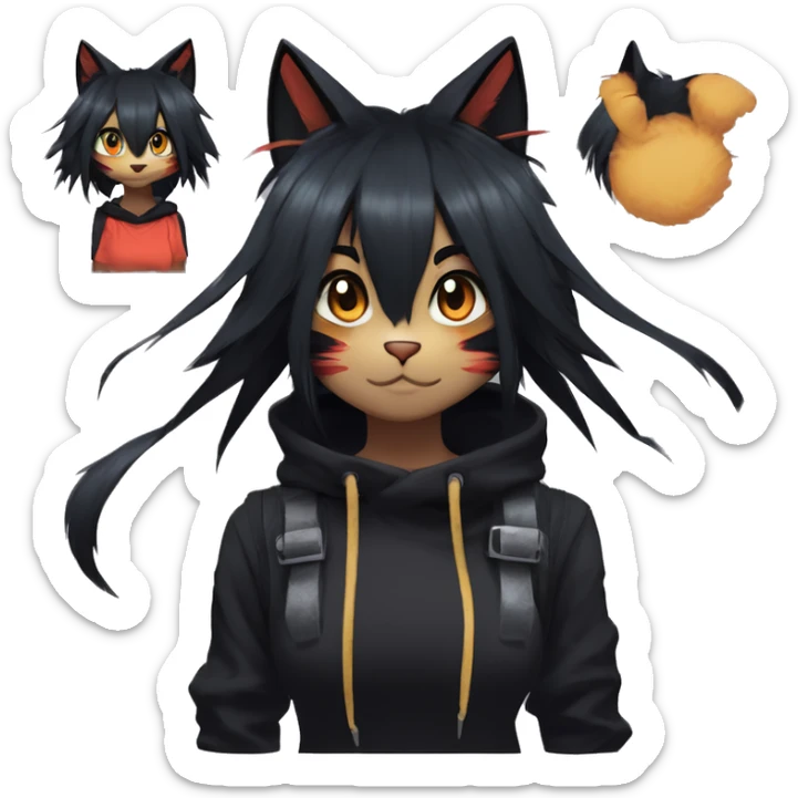 Edgy Shy Anthro boyish cool pretty dark black Litten-Pokémon-cat-fursona-animal techwear ponytail sticker