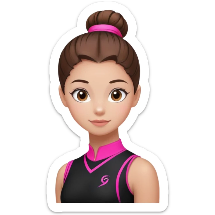 A female gymnast with brown hair in a neat bun, wearing a black uniform with neon pink elements. sticker