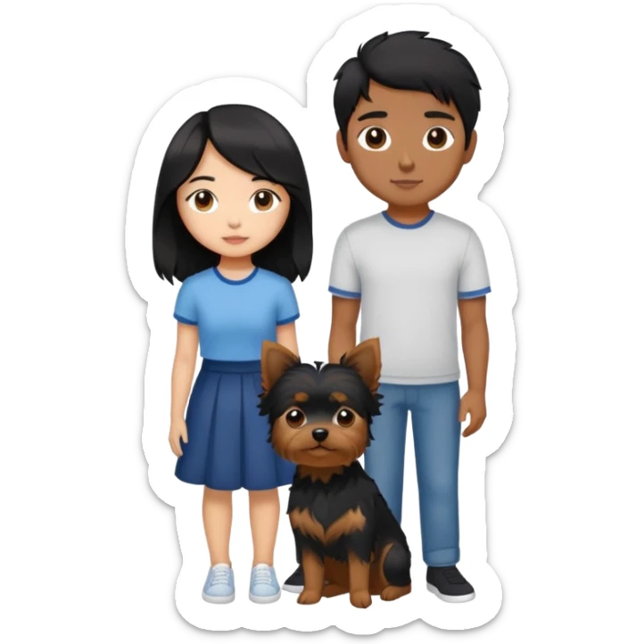 A couple holding a small Yorkshire Terrier together. The girl is Asian with long, luscious wavy black hair (loose, no hair tie). She is standing beside her boyfriend, a brown-skinned man with a short middle part haircut sticker