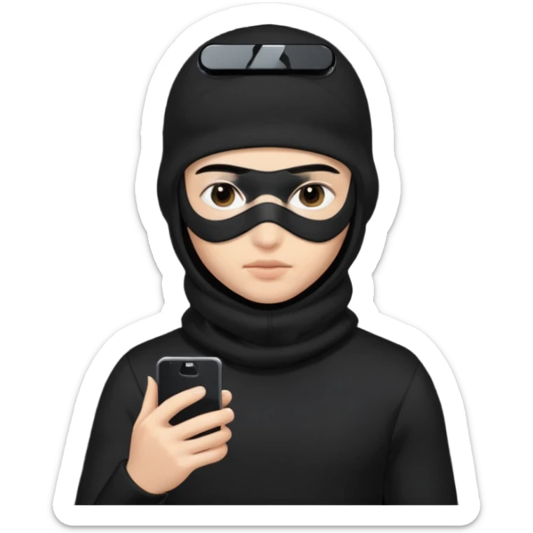 Junge mit Sturmhaube handy in der hand komplett schwarzes outfit und augenbraun gut sticker