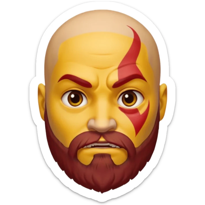 Kratos from God of War as a yellow emoji, classic round yellow face, bald head, red tattoo, beard, stern expression sticker