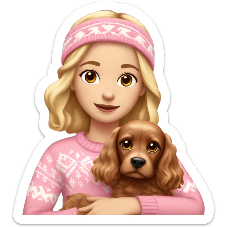A beautiful blonde girl with brown eyes wearing a pink fair isle jumper and pink headband. She’s holding a brown cocker spaniel in her arms. sticker