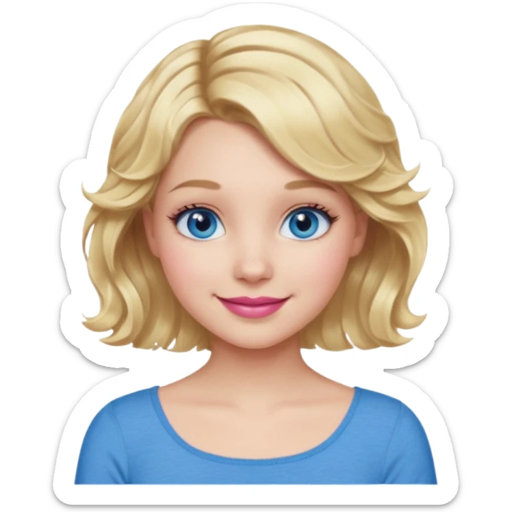 Girl Blonde short wavy hair,  blue eyes, cute blue top, long lashes, pink lips, smiling, one hand 🤷🏼‍♀️  sticker